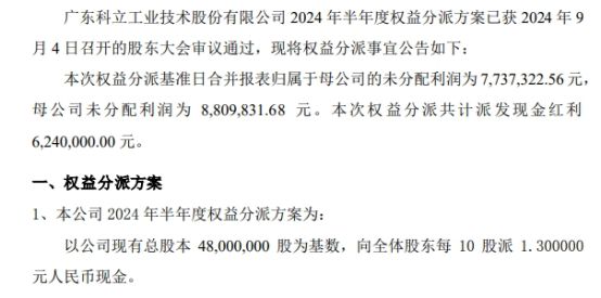 科立工业2024年半年度权益分派每10股派现13元共计派发现金红利624万元(图1)